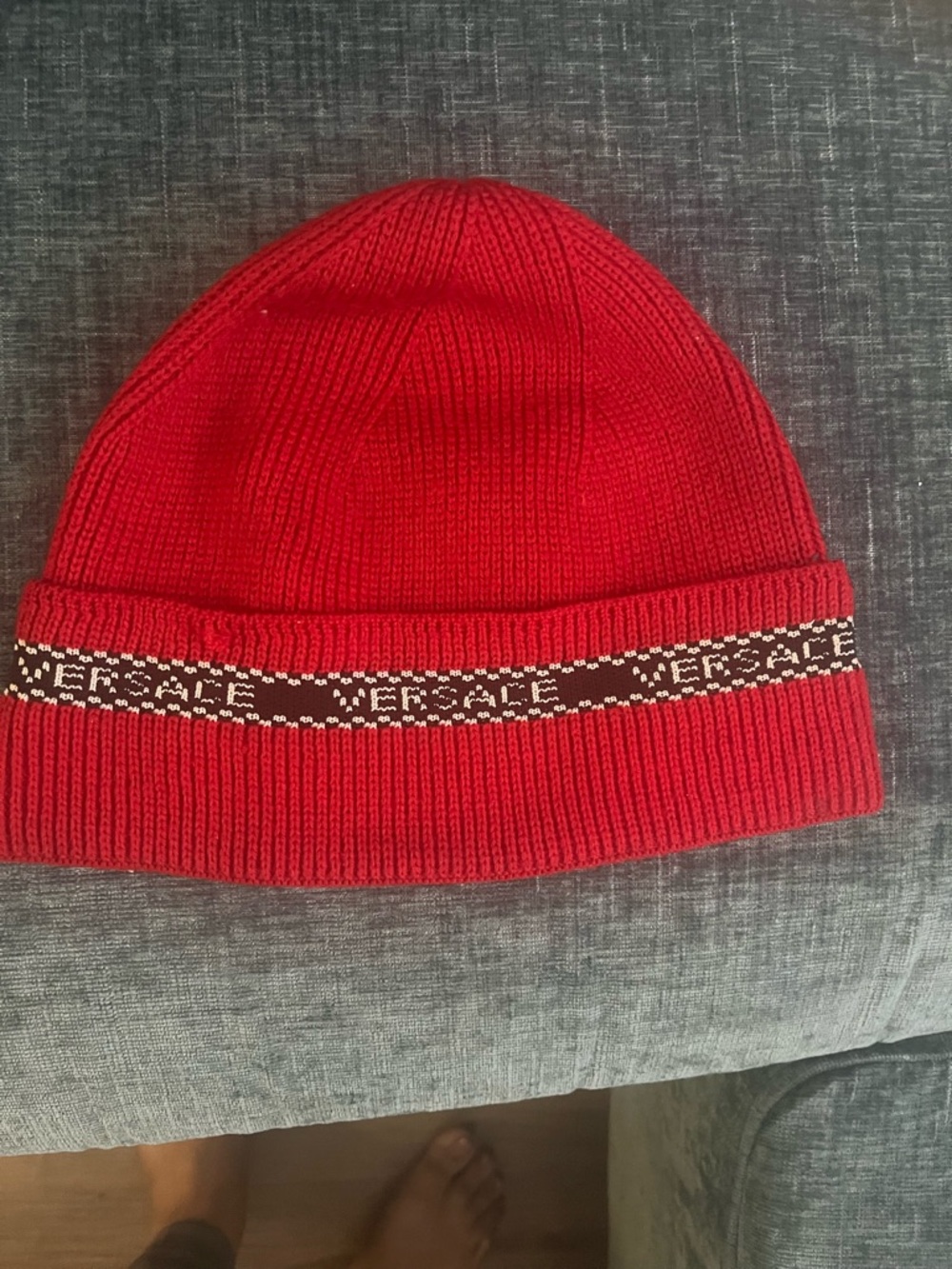 Versace Red Ribbed Logo Cuff Beanie